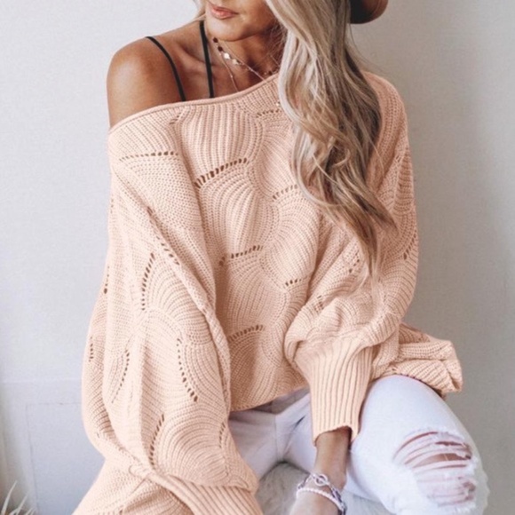 Boho Knit Sweater Scalloped Crochet WHITE - Picture 2 of 15